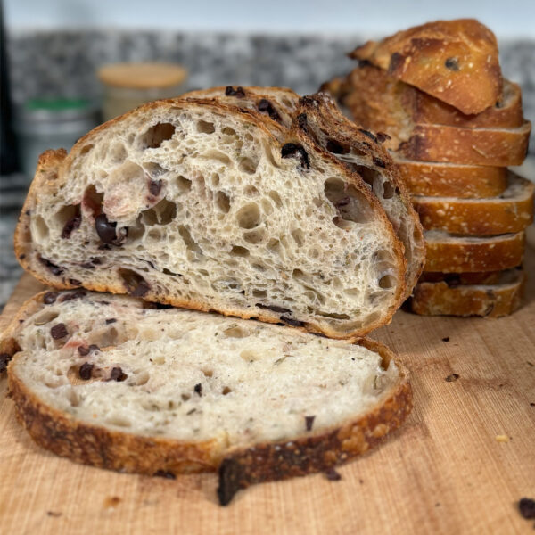 Sliced Olive and Rosemary sourdough loaf